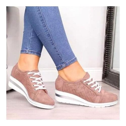 Women Sneakers Fashion Wedge Shoes Lace-up Casual Canvas Shoes Spring Autumn Platform Single Shoes Hollow Out Mesh