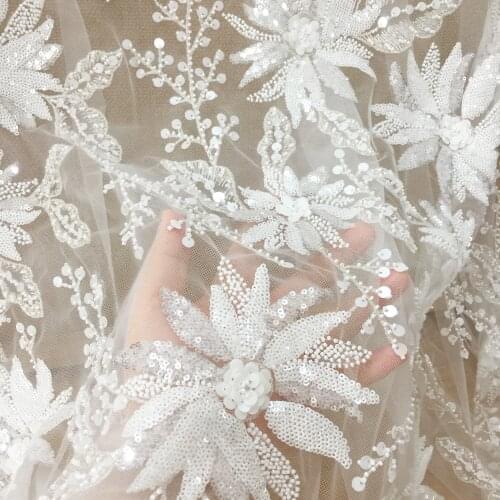 Luxury 3D Beaded Haute Couture Fabric Lace by Yard, Bridal Gown Wedding Dress Tulle Sequin Fabric in Off White