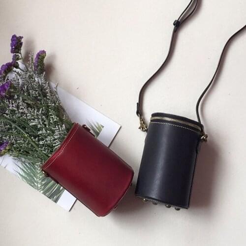 Retro cowhide mini small bag personality literary leather crossbody bag pen barrel cylinder bag