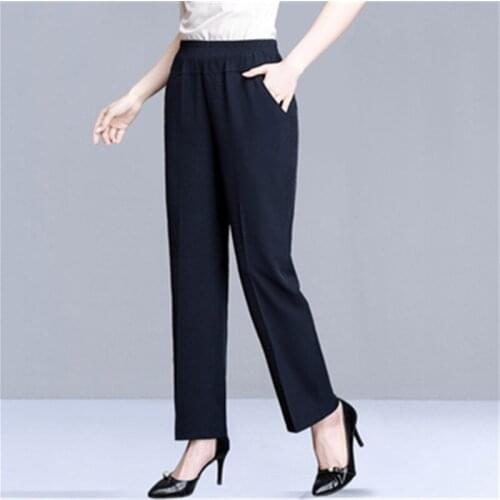 Fashionable Summer mother stretch waist straight pants plus size 5XL black loose pocket women pants thin casual Nine-point pants