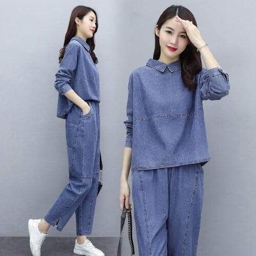 Fashion Large size Denim Suit Female 2021 Spring Autumn New Korean Loose Long-sleeved Denim+Pants Casual Student Two-piece suit