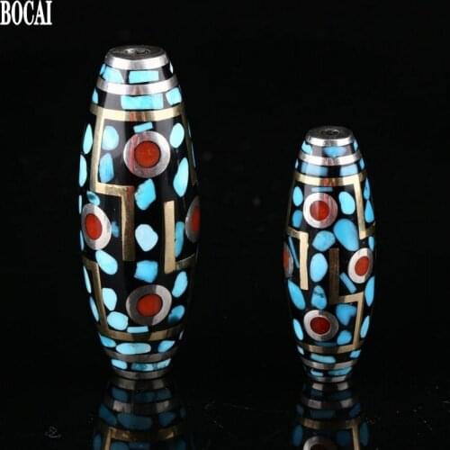 BOCAI New solid pure S925 silver hand-inlaid turquoise nine-eyed dzi beads fashion good luck Man and Woman pendant