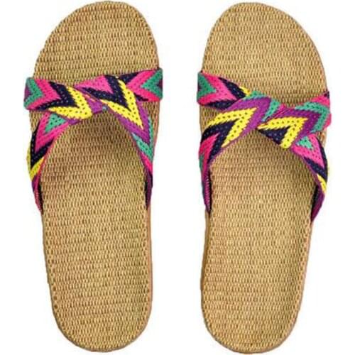 Womens Summer Flat Sandals Outside Rainbow Linen Slippers Beach Flip Flops Indoor Home Flax Slippers Women Slides House Shoes