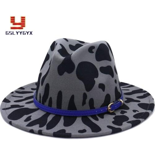 Fall Winter British Classic Jazz Panama Woolen Felt Fedora Hat Women Men Elegant Cow Print Church Party Hat