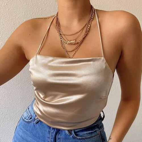 Summer Womens Fashion Casual Solid Colors Sleeveless Satin Lace-Up Halter Backless Slim Crop Tops Sexy Elegant Party Camis#p3