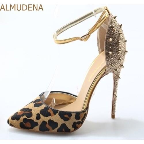 ALMUDENA Leopard Print Stiletto Heels Gold Bling Bling Crystal Heel Dress Shoes Rivets Party Shoes Thin High Heel Wedding Shoes