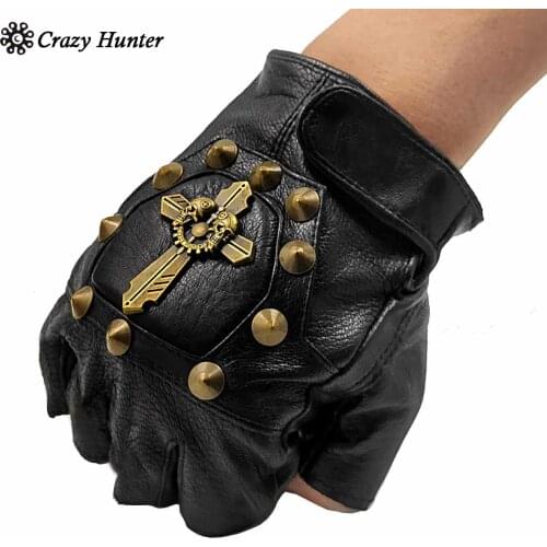 Steampunk Vintage Leather Gloves Mens Biker Rock Studded Fingerless Gloves
