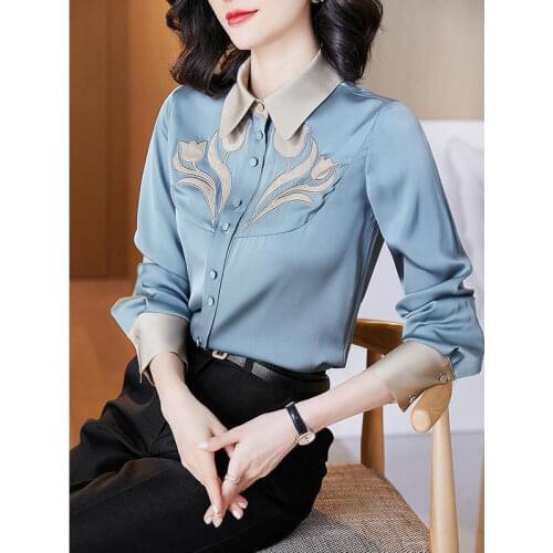 Satin shirt womens 2021 spring dress new foreign style fashion embroidered shirt light blue slim long sleeve French top