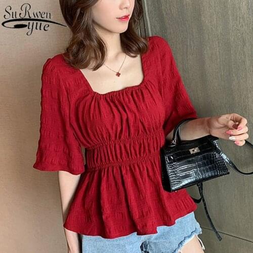 Summer New Korean Short-Sleeve Pleated Women Clothing OL Style Waist Priming Womans shirts Solid Flare Sleeve Base Shirt 9570