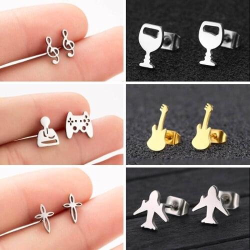 SMJEL Stainless Steel Gamepad Stud Earrings Small Black Music Note Guitar Cross Earings Punk Women Joystick Game Jewelry Brincos