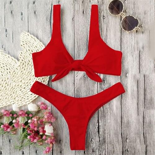 YICN Bikini Knotted Padded Thong Bikinis Set Women Swimwear Swimsuit New Scoop Neck Solid High Cut Bathing Suit Brazilian Biquni