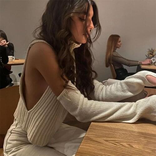 Women Chic Off Shoulder Knitted Sweater Vest Solid Color High Collar Sleeveless Pullover Top Fall Female Knitwear Y2K Streetwear