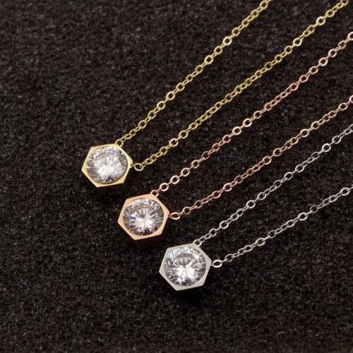 Fashion Stainless Steel Love Crystal Hexagon Geometric Pendant Necklace Rose Gold Color Women Girl Party Gift