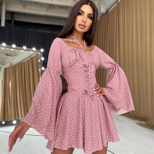 Ladies Sexy Hanging Neck Dress Summer Women Temperament Dot Printing Chest Tie Up Flare Long Sleeve Slim Short Skirt