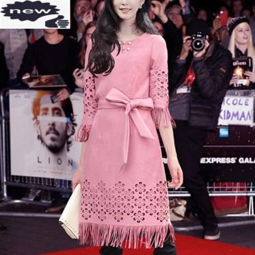 High Street 2021 Womens Spring New Star Style Suede Slim Dress Female Hollow Out Tassel Straight Vestidos Three Quarter