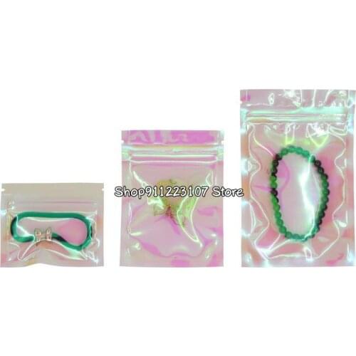 100 Pcs Iridescent Zip lock Bags Pouches Cosmetic Plastic Laser Iridescent Bags Holographic Makeup Bags Hologram Zipper Bags