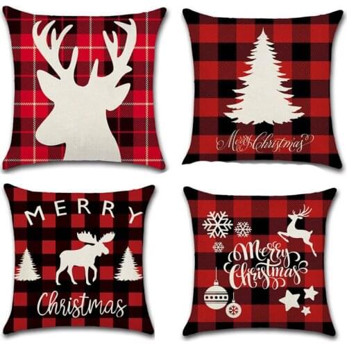 2020 Red Tartan Check Christmas Greetings Words Tree Deer Pillow Case Home Sofa Room Chair Car New Year Decorative Cushion Cover