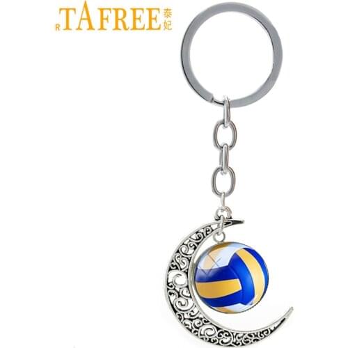 TAFREE Summer Beach Volleyball picture glass alloy moon pendant keychain casual volleyball sports team key chain jewelry T255