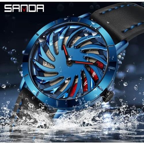 SANDA Watches Men Fashion Car Wheel Style Quartz Wristwatch Waterproof Leather Strap Watch Mens Relogio Masculino