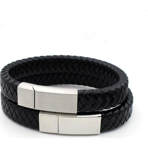Men 12MM Wide Black Red Genuine Braided Leather Bracelet Never Fade 316l Stainless Steel Square Magnet Clasp