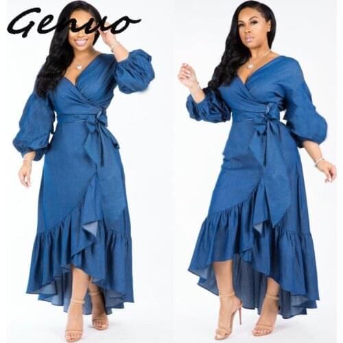 Genuo 2019 Women Denim Lantern Long Sleeve V-neck High Waist Sashes Ruffles Hem Vintage Maxi Dress Party Long Dresses Vestidos