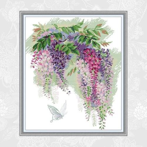 Joy Sunday Wisteria Flowers Cross-stitch Patterns 14CT Printed Canvas 11CT White Fabric Embroidery Handmade Cross Stitch Kits