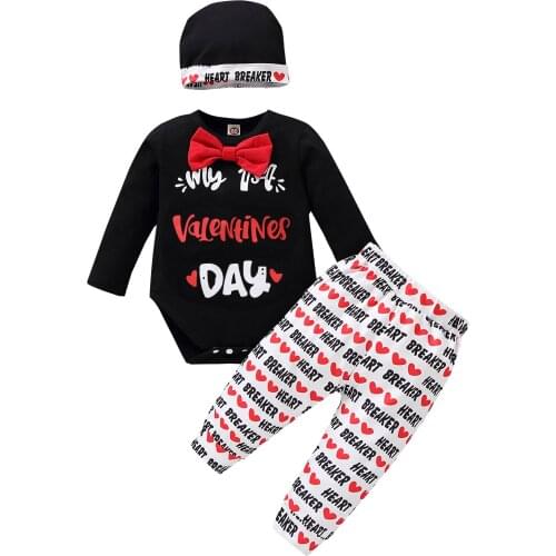 OPPERIAYA Three Piece Valentines Day Autumn Newborn Babys Clothes Unique Heart Letter Long Sleeve Bodysuit and Pants with Hat