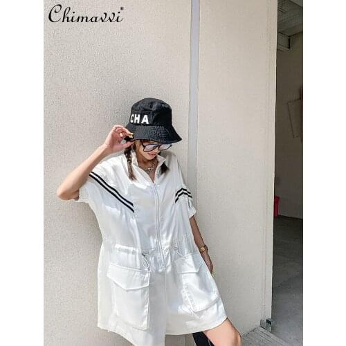 Women Short Sleeve Cotton Playsuits 2021 Summer Striped Slim Waist Loose Slimming Rompers Female Wide Leg Shorts