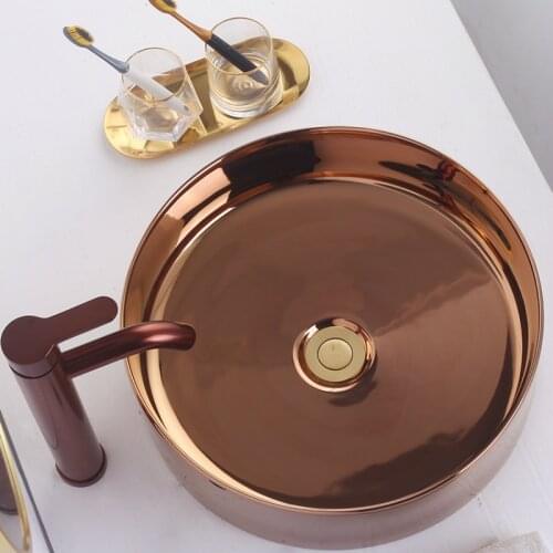 Rose Gold Round Ceramic Wash Basin Countertop Bathroom Vessel Sink with Kitchen Faucet White Glaze Spraying Shampoo Sinks
