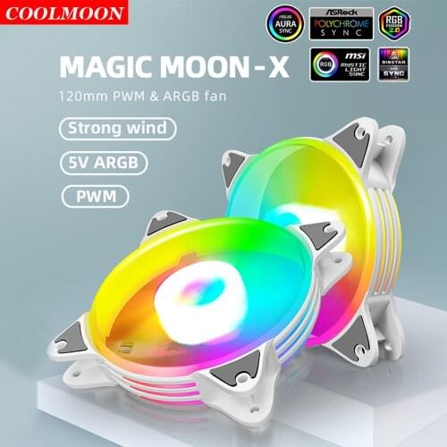 Coolmoon 5V 3Pin ARGB LED Fan 120mm 4Pin PWM PC Case Chassis Cooler Magic Moon Heatsink Radiator for Computer Water Cooling