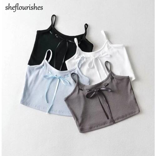 Summer spaghetti strap crop top sexy corset tops women 2021 knit tanks camis kawaii lace up top solid u neck tops white black