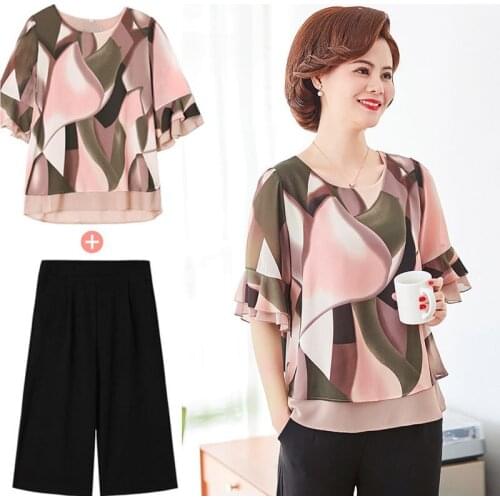Summer Clothes Chiffon Top Shirt Two-piece Suit Middle-aged Womens 2021 New Plus Size Sets Wide-leg Pants Suits Femme Y853