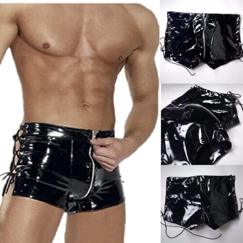 M-XXL Mens Leather Boxer Sexy Gay Underwear Wetlook Pu Zipper Underwear Lace Up Bandage Pole Dance Clubwear Cock Shown Wear