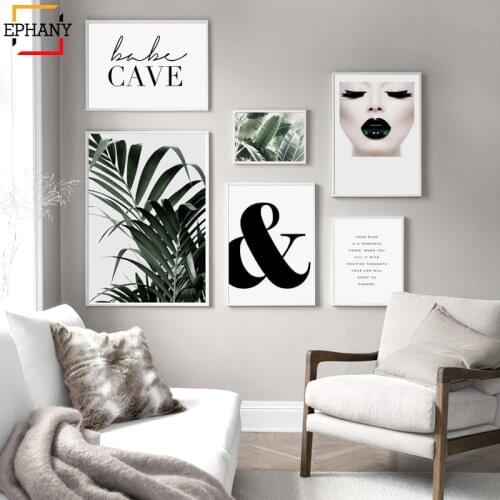 Fashion Gallery Wall Art Print Black Lips Motivated Quotes Green Leaves Canvas Painting Wall Pictures for Living Room Home Decor