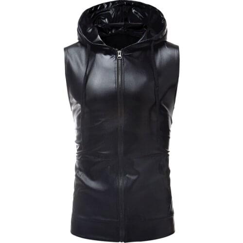 Mens Black Coated Metallic Hoodie Tank Top Men Hip Hop Streetwear Sleeveless Tank Men Nightclub DJ Prom Stage Singer Costumes