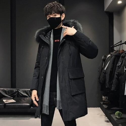 Winter Raccoon Fur Collar Hooded Down Jackets Men 60% White Duck Down Pockets Thicken Warm Fashion Long Coats