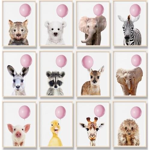 Set of 12 Print Minimalist Animal duck Baby elephant With Balloon Pictures Nursery bear No Frame Wall Painting