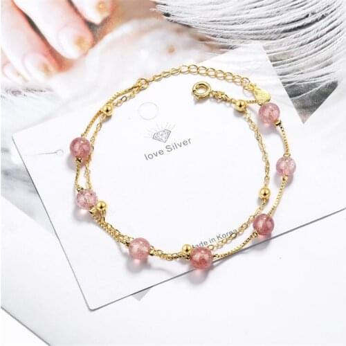 New Temperament Double Layer Natural Strawberry Crystal Beads 925 Sterling Silver Jewelry Women Sweet Bracelets SB174