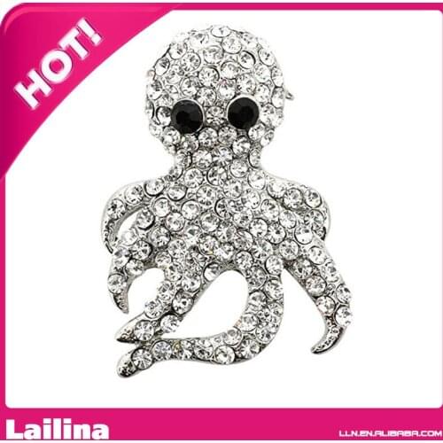 Silver Plated Crystal Octopus Brooch Pin