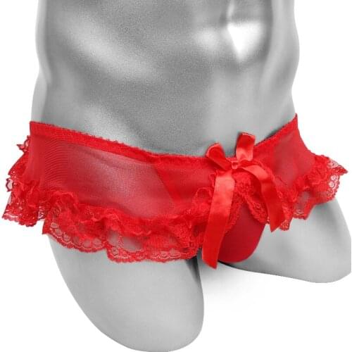 Sexy Lace Mens Lingerie Sissy Penis Pouch Panties Underwear Skirted Thong For Male Ruffles See Through Funny Bulge Pouch panties