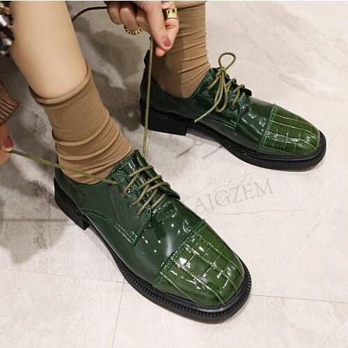 LAIGZEM Women Loafers Round Toe Shiny Lace Up 3CM Low Block Heels Buckle Strap Casual Lady Shoes Woman Footwear Big Size 39 42