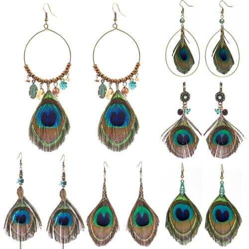 Ethnic Large Peacock Feather Dangling Drop Earrings for Women Female 2019 Charm Suspension Earrings Hanging Jewelry Accessories