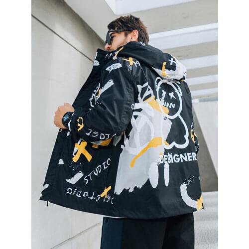 Spring Autumn Two Side Wear Hooded Windbreaker Mens Jacket Streetwear Fashion Bear Printed Hip Hop Outfits Coat Big Size 8XL