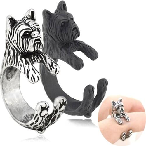Vintage Silver Color Boho Cute Yorkshire Terrier Dog Puppies Shape Wrap Ring For Women Girl Cool Kids Gift For Pet Lover Jewelry