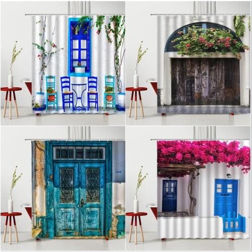 Vintage Wooden Door Shower Curtains Retro Shabby Blue Flower Gate Plant Pattern Bathroom Decor Polyester Bath Hanging Cloth Set