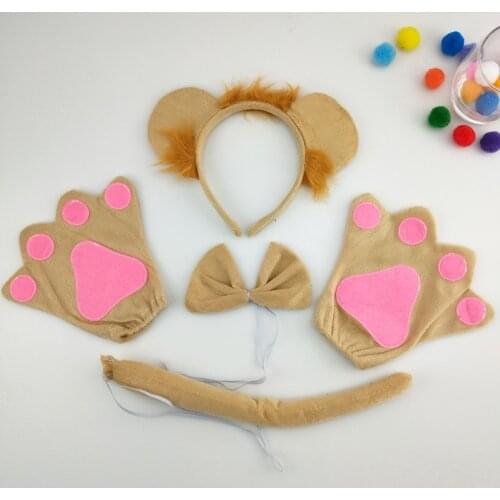Adult Kids Women Animal Lion Headband Bow Tie Tail Paws Gloves Set Party Cosplay Costume Halloween Christmas New Year Holiday