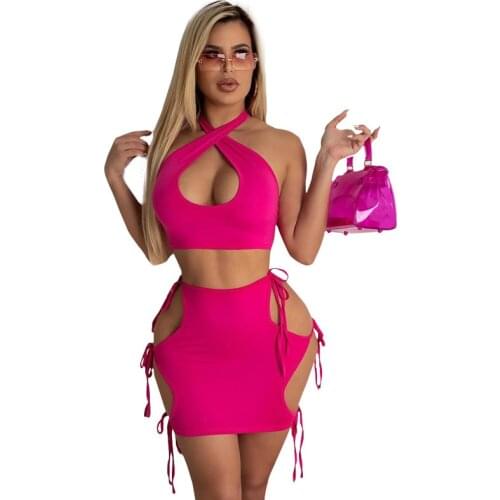 Two-Piece Skirt Hollow Out New Arrivals 2021 Women Clothing Corset Top Ladies Sexy Evening Dress Summer Two Piece Casual Dresses