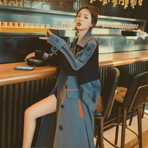 2021 autumn new double-breasted retro stitching contrast color windbreaker women over the knee Hepburn style jacket