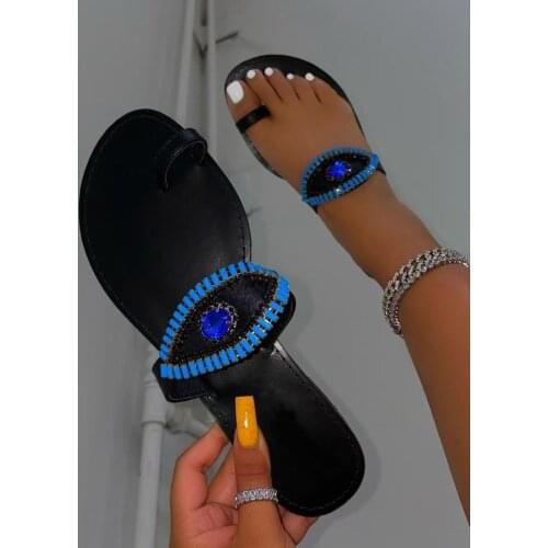 2021 women summer luxury round head set toe flat large size rhinestone gems all-match outdoor beach sandals durable ms slippers