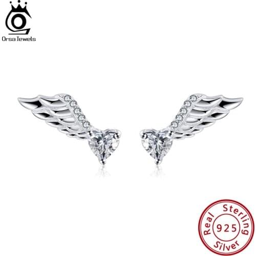 ORSA JEWELS 14mm Eagle Wing Stud Earring with Heart Big Crstal Stone Real 925 Silver Earrings Women Fine Jewelry Gift OSE313